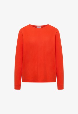Leuchtend orangefarbener Pullover mit langen Ärmeln, rundem Ausschnitt und gerippten Bündchen, präsentiert auf weißem Hintergrund.