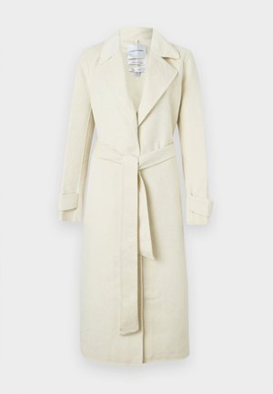 Lichtbeige trenchcoat met een reverskraag, lange mouwen met opgerolde manchetten, een tailleceintuur en een knielengte ontwerp. Zachte stoftextuur.