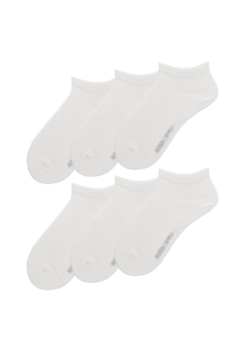 White ankle socks, cotton blend, featuring a ribbed cuff, smooth texture, and no visible patterns, packaged as a set of six pairs.