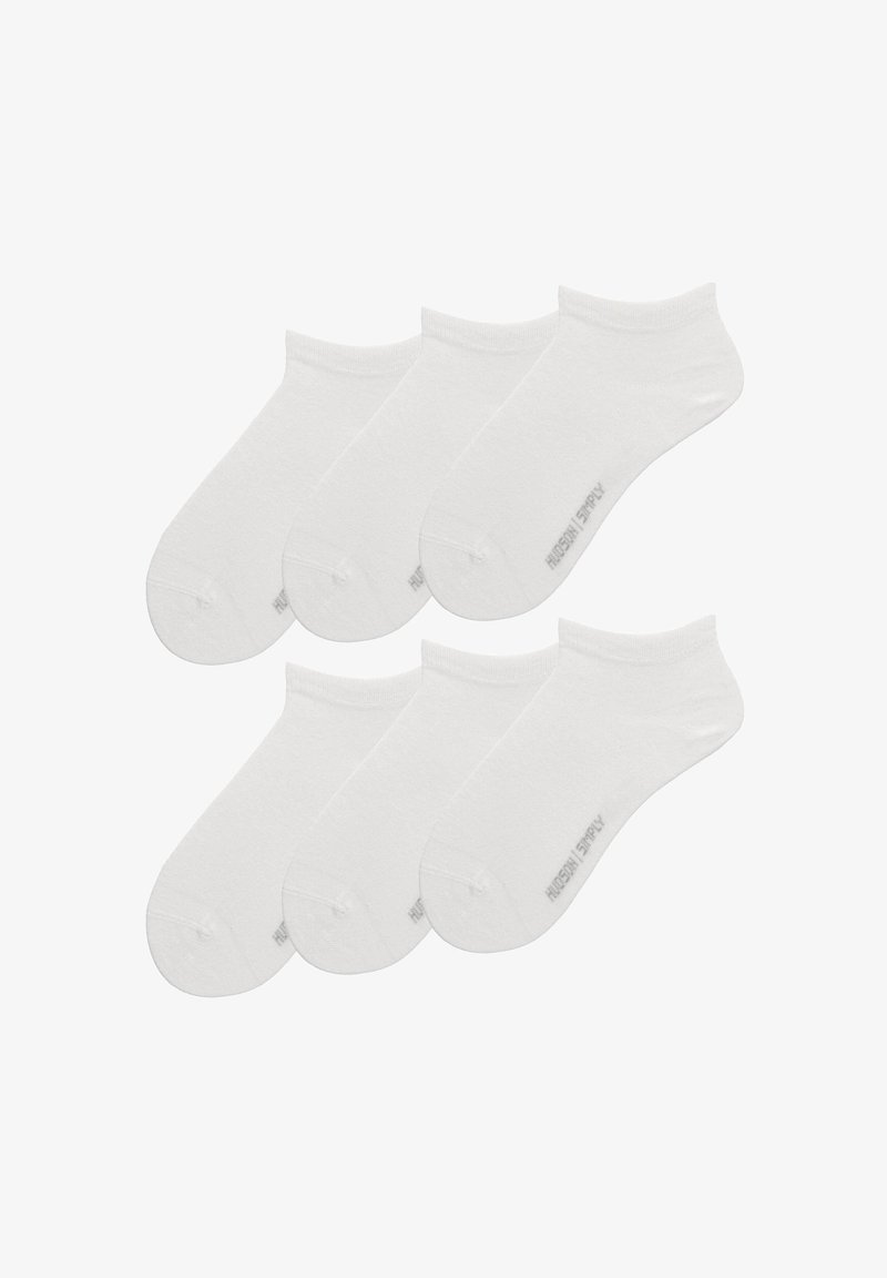 White ankle socks, cotton blend, featuring a ribbed cuff, smooth texture, and no visible patterns, packaged as a set of six pairs.