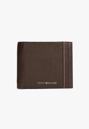Brown textured leather wallet with blue, white, and red stitching stripes and Tommy Hilfiger logo on front right side.