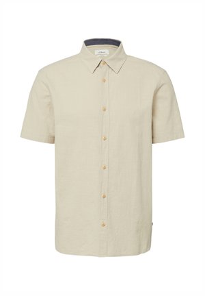 Chemise beige à manches courtes avec boutons, col pointu et boutons marron clair sur le devant.