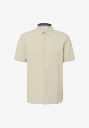 Chemise beige à manches courtes avec boutons, col pointu et boutons marron clair sur le devant.