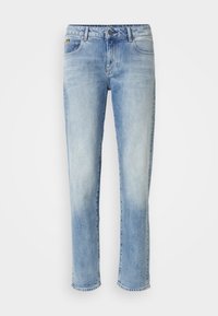Ljust blå denimjeans med rak bendesign, som har framfickor, dragkedja och knappstängning. Blekt utseende med synliga sömmar.