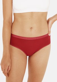 Sous-vêtements hipster en coton rouge avec une texture lisse, une taille élastique contrastante et un logo simple le long du bord supérieur.