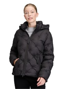 Czarna puchowa kurtka z kapturem, z pikowanym wykończeniem, zamykanymi na zamek kieszeniami i elastycznymi mankietami. Wykonana z gładkiego, wodoodpornego materiału.