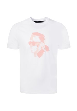 Wit T-shirt met korte mouwen met een roze gestileerd mannelijk gezicht met zonnebril op de borst gedrukt, kraaglabel zichtbaar aan de binnenkant.