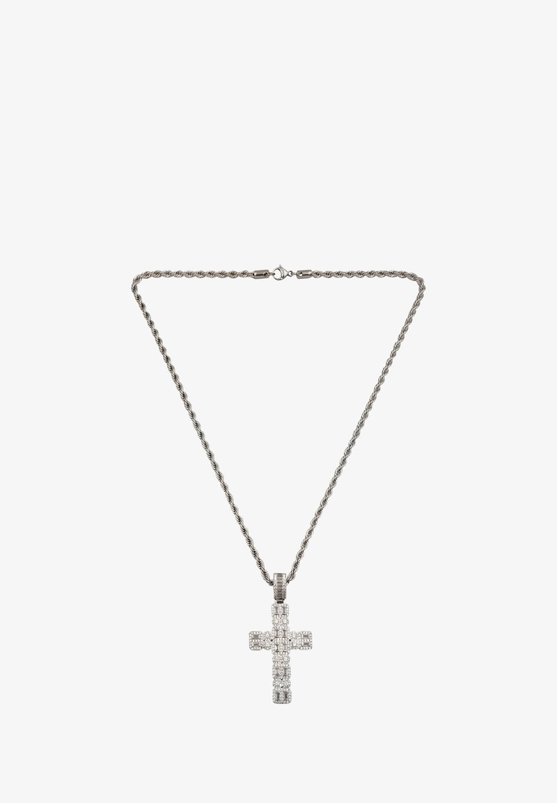Silberne Kettenhalskette mit einem Kreuzanhänger. Das Kreuz ist mit zahlreichen kleinen, klaren Steinen in einem geometrischen Muster besetzt, was für einen funkelnden Effekt sorgt.