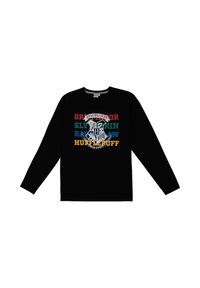 Schwarzes Langarm-T-Shirt mit einem bunten Grafikdesign, das "Hogwarts", die Namen der Häuser und ein Wappen in der Mitte zeigt. Aus Baumwollmaterial.