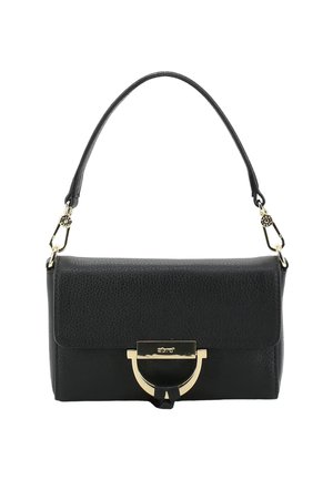 Schwarze Leder-Handtasche mit strukturiertem Design, ausgestattet mit einem Verschluss aus goldfarbenem Metall, einem oberen Griff und einer strukturierten Oberfläche.