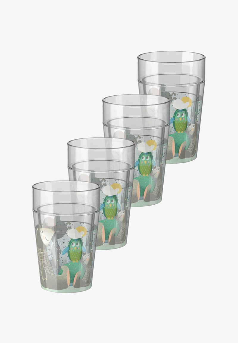 Set von vier klaren Plastikbechern mit bunten Tierillustrationen, darunter eine Eule, ein Schaf und Elemente des Waldes, mit einer glatten Textur.