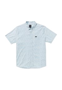Short-sleeve button-up shirt in light blue with wave pattern. Features a chest pocket and a manufacturer label near the collar. Lightweight fabric.