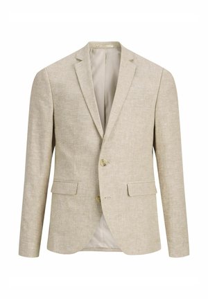 Helle beige Leinenblazer mit zwei vorderen Knöpfen, zwei seitlichen Taschen, Reverskragen und einem Schlitz hinten. Glatte Fütterung.