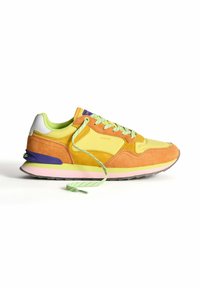 Multicolored sneaker with suede and mesh materials in orange, yellow, and green. Features round laces, purple heel accent, and pink sole.