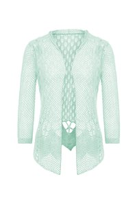 Cardigan tricotat de culoare verde mentă deschis, cu un design cu plasă deschisă, mâneci până la trei sferturi și un tiv rotunjit. Are un guler în formă de V și un model delicat.