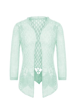 Cardigan tricoté de couleur vert menthe clair, avec un design en tricot lâche et ouvert, des manches trois-quarts et un ourlet arrondi. Présente un col en V et un motif délicat.