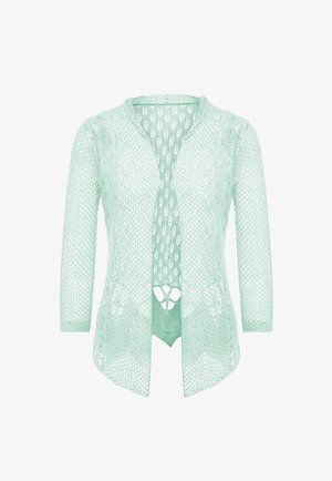Hellgrüner, gestrickter Cardigan mit einem lockeren, offenen Design, Dreiviertelärmeln und abgerundetem Saum. Mit V-Ausschnitt und zartem Muster.