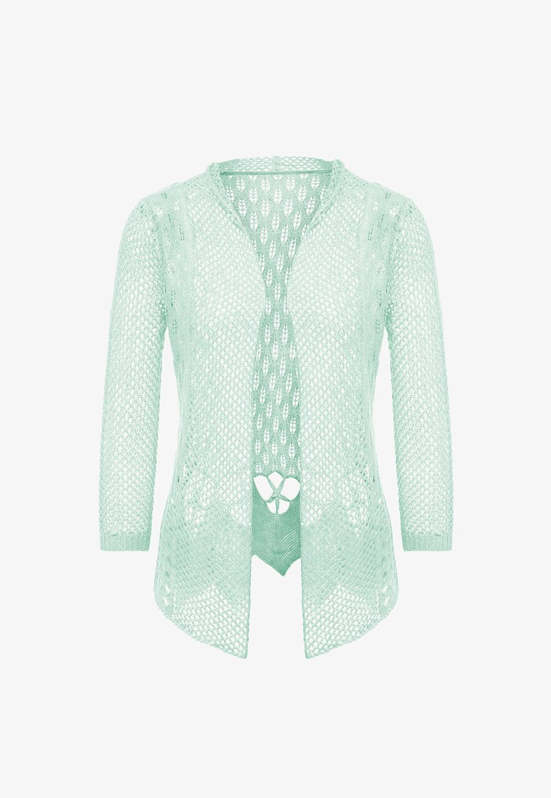 Cardigan tricoté de couleur vert menthe clair, avec un design en tricot lâche et ouvert, des manches trois-quarts et un ourlet arrondi. Présente un col en V et un motif délicat.