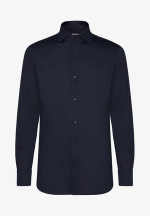 Marineblauses Hemd mit langen Ärmeln aus glattem Stoff, mit klassischem Kragen, Knopfleiste und schwarzen Knöpfen für die Verschlussdetails.