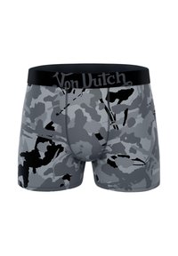 Boxers en gris avec imprimé camouflage, dotés d'une taille élastique noire arborant le logo "Von Dutch" en lettres contrastées. Texture de tissu lisse.