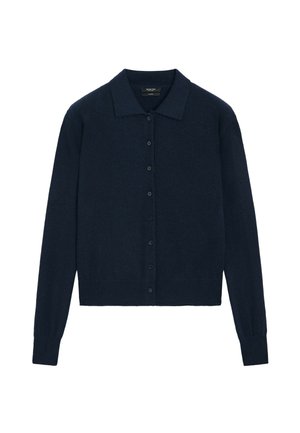 Cardigan noir à manches longues avec boutons et col, design simple avec poignets et ourlet côtelés.