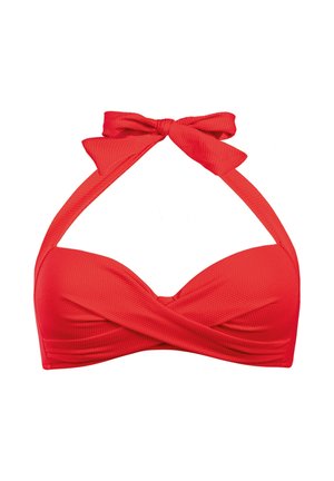 Czerwony teksturowany top bikini z wiązaniem na szyi typu halter i skręconym przodem, zaprojektowany do użytku jako strój kąpielowy.