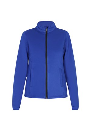 Giacca blu con zip realizzata in tessuto liscio e morbido. Presenta un colletto alto, due tasche laterali e una zip nera a contrasto.