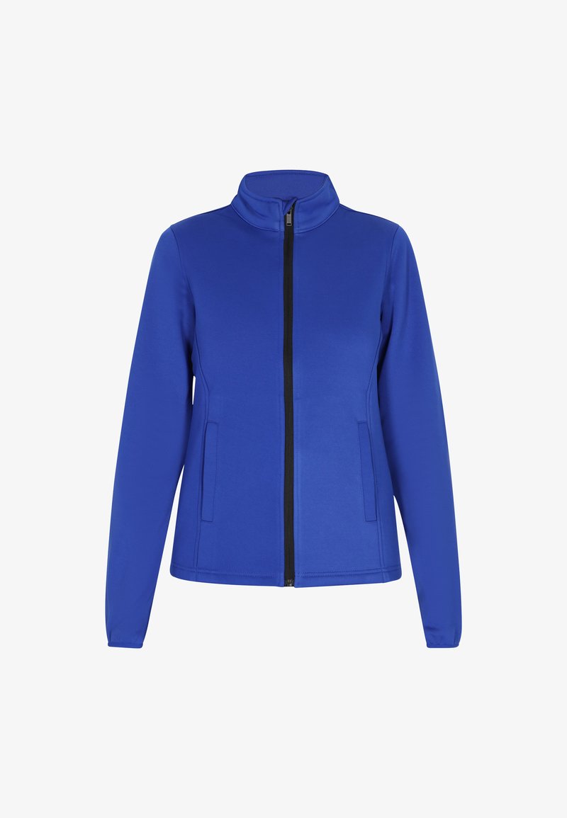 Giacca blu con zip realizzata in tessuto liscio e morbido. Presenta un colletto alto, due tasche laterali e una zip nera a contrasto.