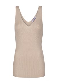 Top a canotta beige a costine con scollatura a V e spalline larghe, caratterizzato da linee verticali testurizzate e una silhouette aderente.