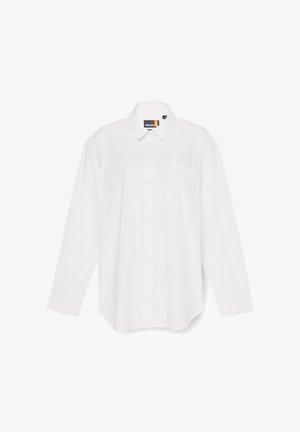 Valkoinen pitkähiha paita, valmistettu puuvillasta, jossa nappikiinnitys edessä, kaulus ja yksittäinen rintatasku. Sileä pinta ja klassinen muotoilu.