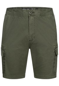 Olivenfarvede cargoshorts i letvægtsstof med knaplukning, elastisk talje og sidelommer med klapper.