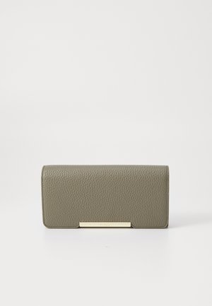 Olive green leather wallet with textured surface, rectangular shape, and a gold metal clasp detail on the front.