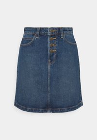 Gonna in denim blu con bottoni frontali, passanti per cintura, tasche frontali e cuciture a contrasto visibili.