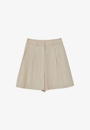 Beige High-Waist-Shorts mit Gürtelschlaufen, vorderen Falten, seitlichen Taschen und einem Reißverschluss vorne, aus leichtem Stoff hergestellt.