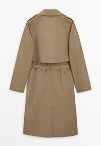 Khakifarbener Trenchcoat mit maßgeschneidertem Design, langen Ärmeln, rückseitigem Taillengürtel und glattem Stoff, ausgestattet mit klassischem Kragen und Seitentaschen.