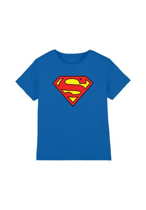 Blue short-sleeve t-shirt with a large red and yellow Superman logo centered on the front.