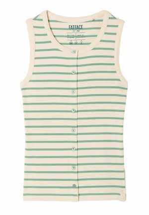 Nátělník bez rukávů s knoflíky s horizontálními krémovými a světle zelenými pruhy, kulatým výstřihem, vyrobený FatFace, velikost UK 8.