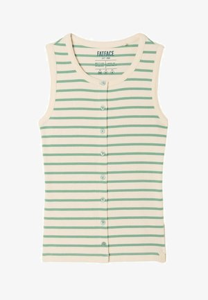 Nátělník bez rukávů s knoflíky s horizontálními krémovými a světle zelenými pruhy, kulatým výstřihem, vyrobený FatFace, velikost UK 8.