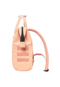 Peach-colored backpack with a smooth texture, adjustable straps, black zipper, and three horizontal webbing accents on the side.