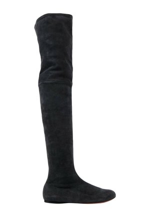 Botte plate en daim noir au-dessus du genou avec bout arrondi et tige souple et flexible.