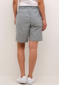 Striped shorts with a relaxed fit, featuring a gathered elastic waistband, cuffed hems, and a lightweight, breathable fabric.