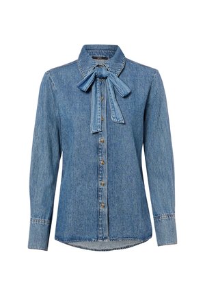 Blue denim long-sleeve shirt with front buttons and a tied bow collar detail, displayed on a white background.