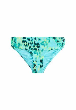 Damskie dolne części bikini w kolorze niebieskim i zielonym z zakładanym paskiem i abstrakcyjnym wzorem w cętki lamparta.