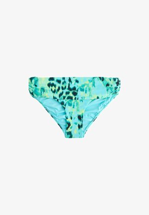 Chiloti de costum de baie damă, albastru și verde, cu talie pliabilă și model abstract cu imprimeu leopard.