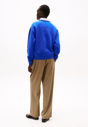 Felpa blu con scollo rotondo, polsini e orlo a coste, abbinata a pantaloni beige a gamba larga. Scarpe nere completano l'outfit.