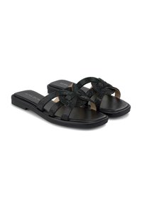 Ciabatte nere con fasce intrecciate, suola piatta e finitura liscia con un accento testurizzato. Ideali per un abbigliamento casual.