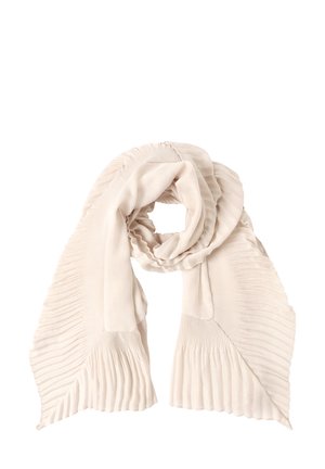 Cremefarbener Schal mit plissierter Textur an den Enden, locker gefaltet mit weichen, fließenden Stoffdetails überall sichtbar.