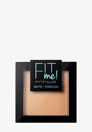 Fond de teint poudre Maybelline Fit Me Matte + Poreless dans un boîtier carré noir avec de la poudre beige visible à l'intérieur.