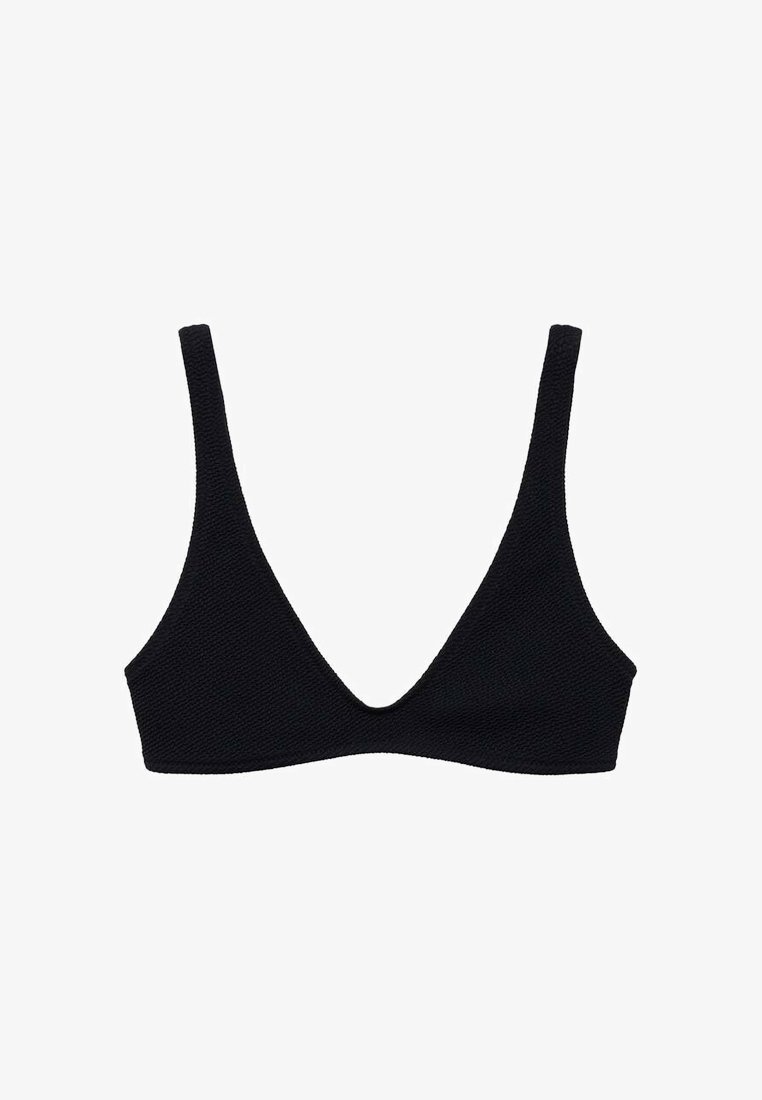 Black knit bralette with a deep V neckline and wide straps. Textured fabric and seamless design, suitable for casual wear.