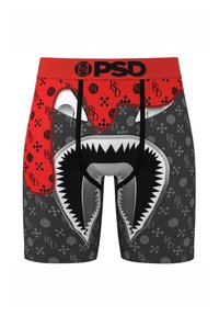 Caleçons boxers avec une taille rouge et un graphisme en forme de dent de requin. Présente une base noire avec des accents gris et des motifs circulaires. Fabriqués en tissu extensible.
